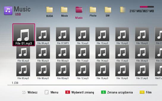 Obsługa 27 Zmienianie widoku listy zawartości yui Możesz zmienić widok listy zawartości w menu [Film], [Muzyka], [Zdjęcia].