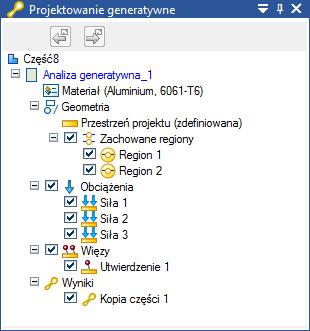 Projektowanie generatywne (Generative design) Narzędzia do projektowanie generatywnego mają swoją własną wstążkę, są one dostępne po rozpoczęciu nowej analizy. Do nawigacji służy drzewko/zakładka.