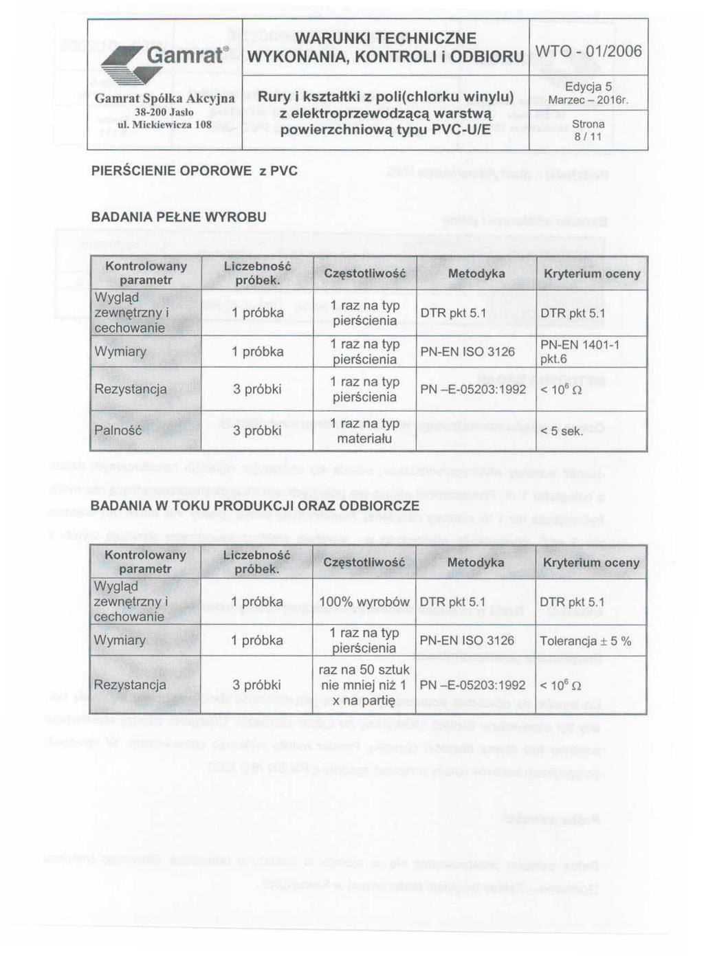 """ Gamrae WYKONANIA, KONTROLI i ODBIORU WTO - 01/2006 tj!!t Edycja 5 Gamrat Spólka Akcyjna Rury i kształtki z poli(chlorku winylu) Marzec - 2016r.