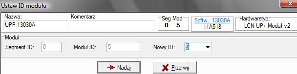 5. Przebieg ćwiczenia: 1. Lewym przyciskiem myszki kliknij na nazwie pierwszego modułu. Rys. 13. Fragment okna projektu. 2. Nadaj właściwy numer ID modułowi i w polu komentarz dodaj dowolny jego opis.