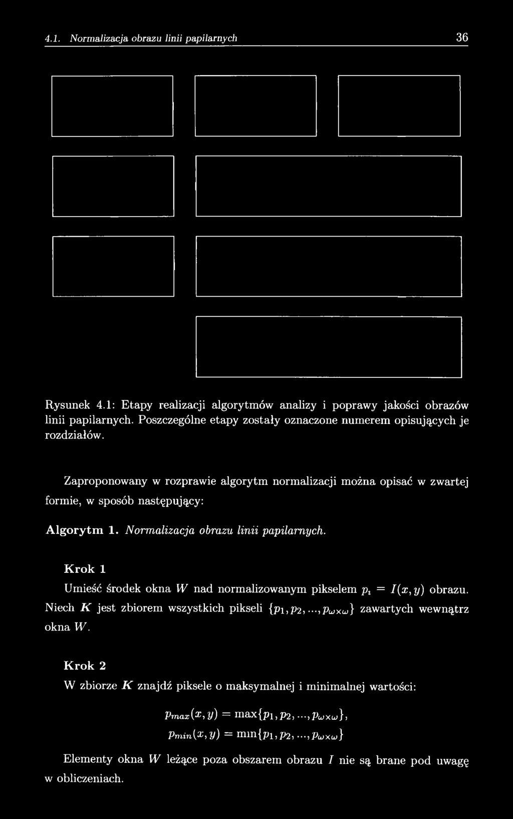 Krok 1 Umieść środek okna W nad normalizowanym pikselem pt = I(x,y) obrazu. Niech K jest zbiorem wszystkich pikseli {pi,p2,,puxuj} zawartych wewnątrz okna W.