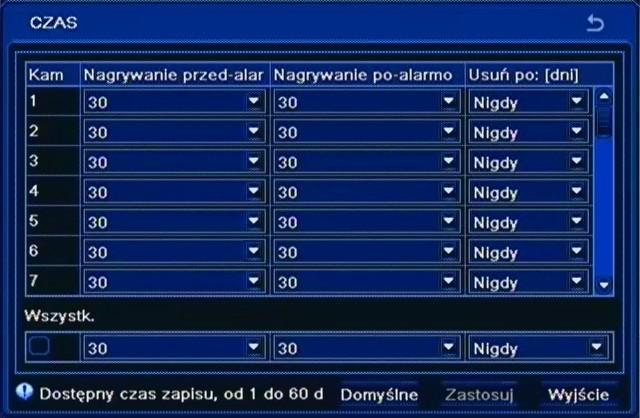 NDR-BA5104, NDR-BA5208 i NDR-BA5416 Instrukcja obsługi wer.1.2 KONFIGURACJA REJESTRATORA 5.1.3.3. Czas Po wybraniu z menu NAGRYWANIE pozycji CZAS pojawi się poniższy ekran.