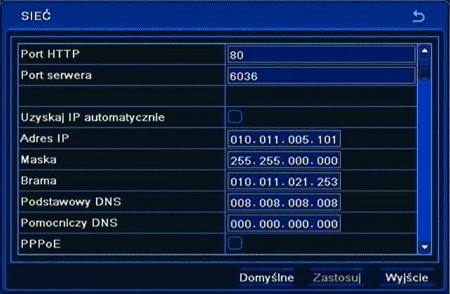 NDR-BA5104, NDR-BA5208 i NDR-BA5416 Instrukcja obsługi wer.1.2 KONFIGURACJA REJESTRATORA 5.1.6. Sieć Po wybraniu z menu USTAWIENIA pozycji SIEĆ pojawi się poniższy ekran.