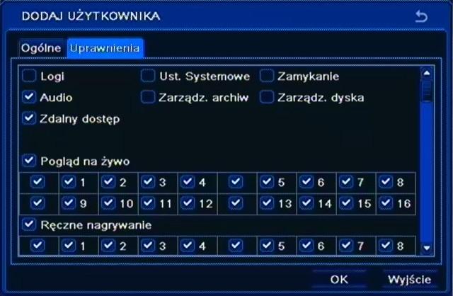 NDR-BA5104, NDR-BA5208 i NDR-BA5416 Instrukcja obsługi wer.1.2 KONFIGURACJA REJESTRATORA Po wybraniu zakładki UPRAWNIENIA pojawi się poniższy ekran.