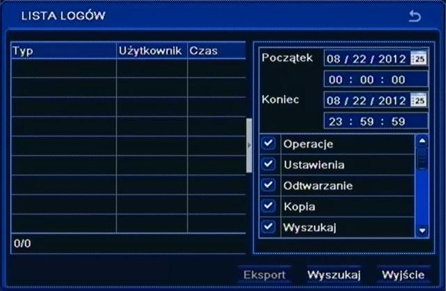 Aby wyświetlić listę logów należy w polu daty i godziny ustawić zakres wyszukiwanych zdarzeń i kamer, w polu typ zdarzenia wybrać rodzaje zdarzeń, które mają zostać wyświetlone, naciśnąć przycisk