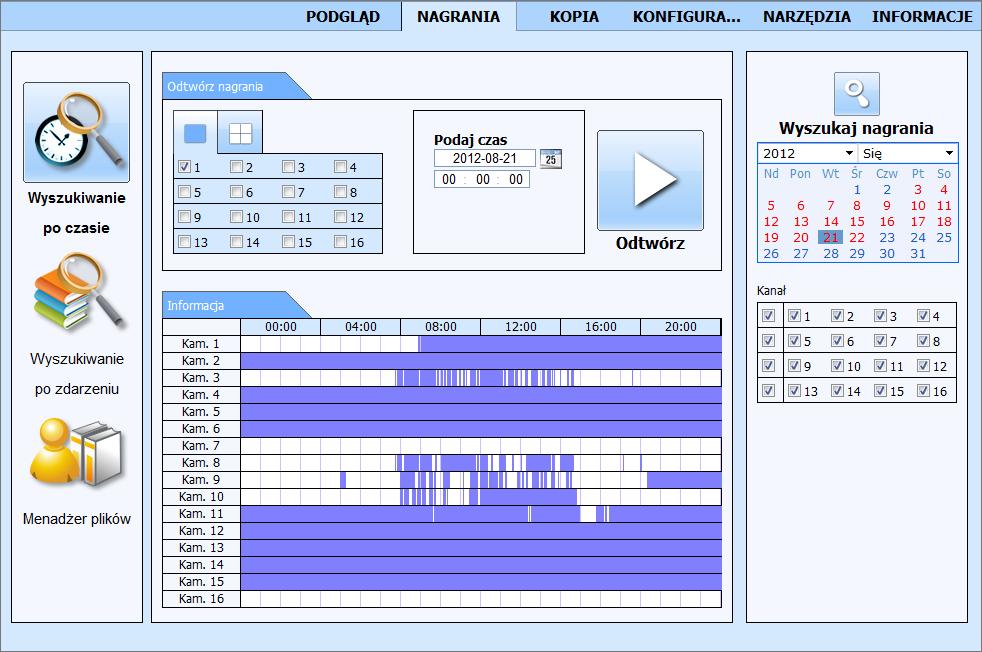 NDR-BA5104, NDR-BA5208 i NDR-BA5416 Instrukcja obsługi wer.1.2 OBSŁUGA REJESTRATORA ZA POMOCĄ PRZEGLĄDARKI 6.4. Wyszukiwanie zarejestrowanego materiału Przycisk NAGRANIA w oknie przeglądarki włącza tryb wyszukiwania i odtwarzania zdarzeń.