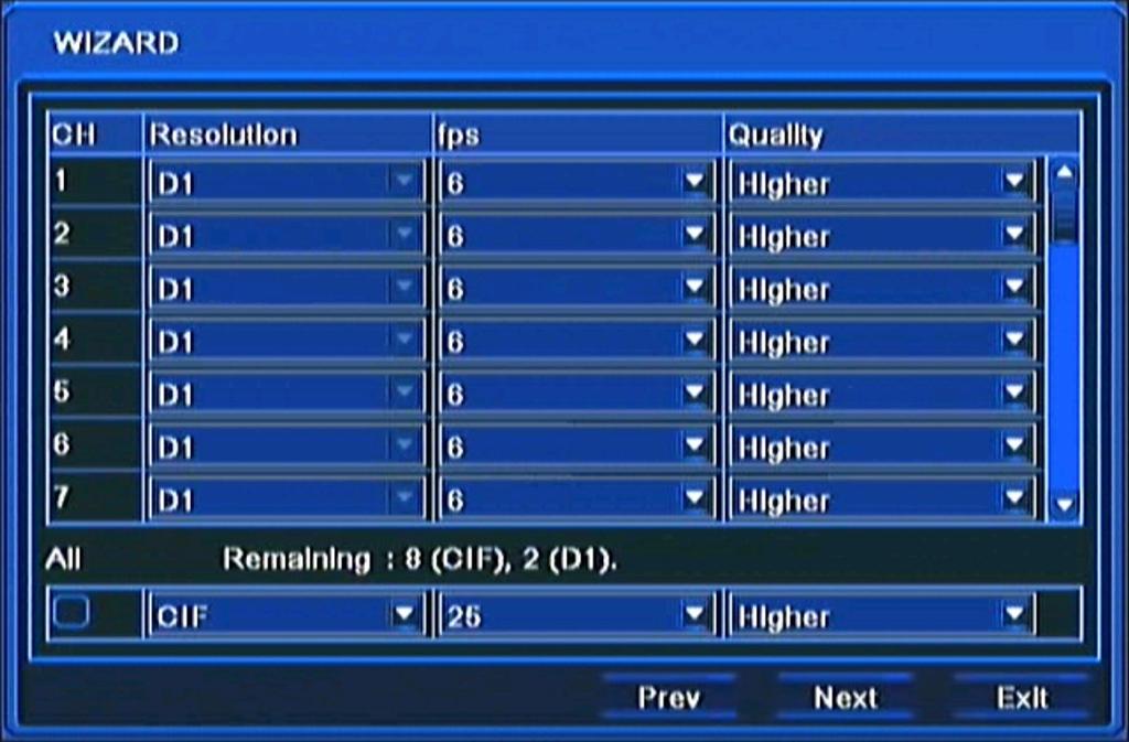 Click the Next button to display next setup window, depicted below: In this window you can setup recording Resolution for all channels (WD1 / D1 / HD1(2 CIF) / CIF resolutions available), recording