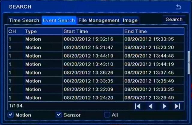 You can define filters the registry is searched in accordance with: MOTION, ALARM INPUTS or ALL.