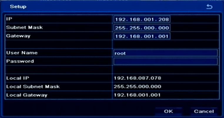 NDR-BA5104,NDR-BA5208,NDR-BA5416 User s manual ver.1.2 RECORDER S MENU Fill in User Name and Password fields with valid values ( default user name / password for NOVUS IP cameras is root / pass ) and press OK button.