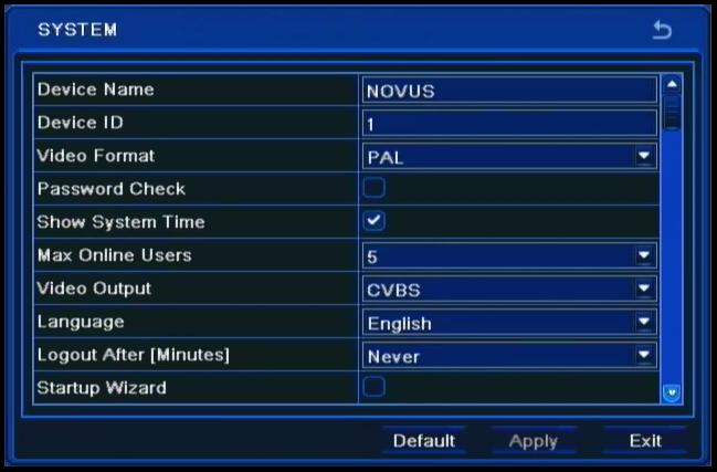 RECORDER S CONFIGURATION NDR-BA5104,NDR-BA5208,NDR-BA5416 User s manual ver.1.2 5.1.1.1. System Selecting SYSTEM displays the following screen: Note: Device name allows to assign a unique name to the DVR via virtual keyboard appearing after selection.