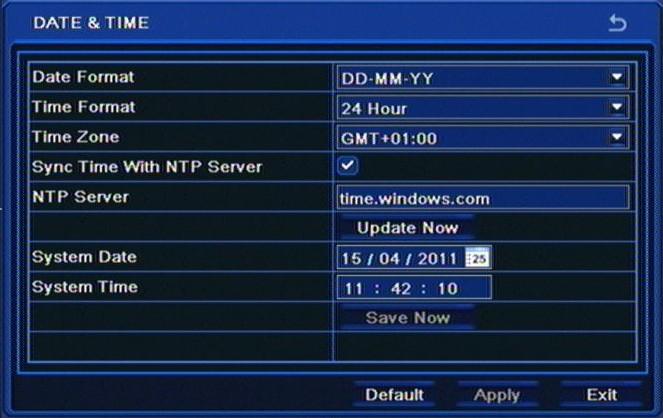 NDR-BA5104,NDR-BA5208,NDR-BA5416 User s manual ver.1.2 RECORDER S CONFIGURATION 5.1.1.2. Date and time Selecting DATE/TIME under BASIC sub-menu displays the following screen: Window allows to set time and date using navigation and ENTER buttons.