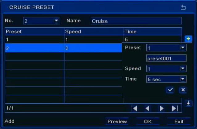 RECORDER S CONFIGURATION NDR-BA5104,NDR-BA5208,NDR-BA5416 User s manual ver.1.2 For setting Cruise following window will be shown: In this window user can set up new Cruise of presets.