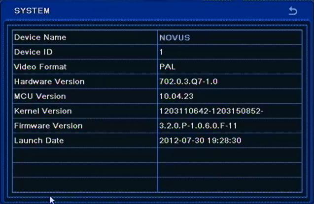 NDR-BA5104,NDR-BA5208,NDR-BA5416 User s manual ver.1.2 RECORDER S CONFIGURATION 5.2. Information Selecting INFORMATION from the MAIN MENU displays the following screen.