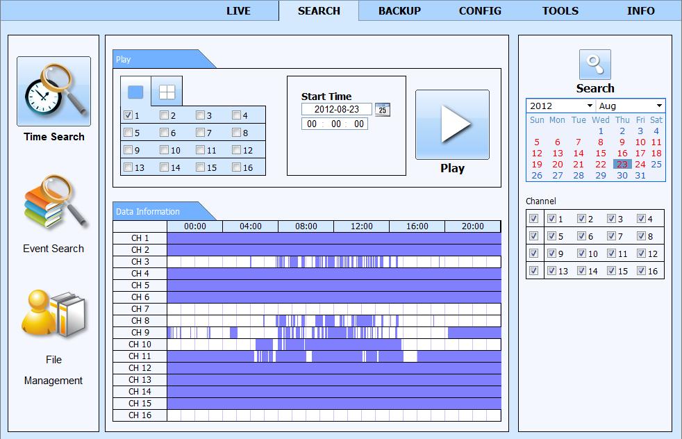 NDR-BA5104,NDR-BA5208,NDR-BA5416 User s manual ver.1.2 NETWORK OPERATIONS UTILIZING WEB BROWSER 6.4. Searching records Click SEARCH tab on the window top to open the remote search and playback screen for the DVR.