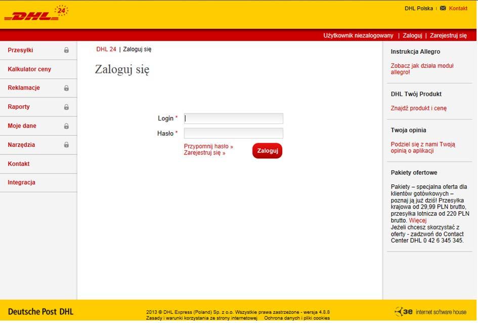 2. Korzystanie z serwisu przez użytkowników końcowych 2.1. Konto użytkownika 2.1.1. Logowanie Użytkownicy przypisani do serwisu korzystają z aplikacji DHL24 w taki sam sposób, co użytkownicy nie powiązani z serwisami.