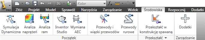 Środowisko do przeprowadzania analizy naprężeń W programie Inventor narzędzia do przeprowadzania analizy naprężeń dostępne są poprzez panel Początek w karcie Środowiska, zarówno podczas projektowania