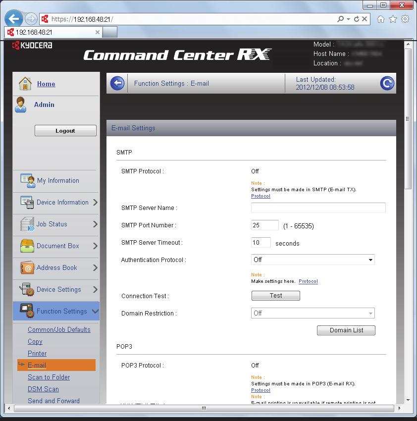 Przygotowanie przed rozpoczęciem użytkowania > Command Center RX Ustawienia e-mail Skonfigurowanie ustawień SMTP pozwala na przesyłanie powiadomień e-mail o ukończonych zadaniach.