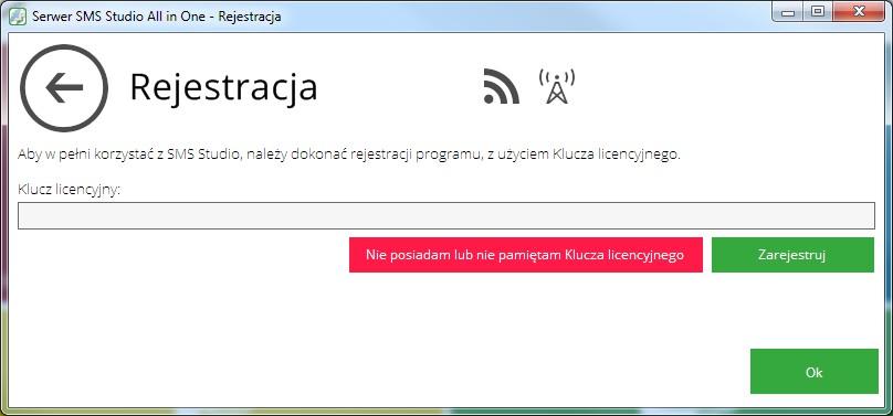 2 Pierwsze uruchomienie 2.1 Rejestracja Przy pierwszym uruchomieniu aplikacji SMS Studio, zostanie o zarejestrowanie licencji.