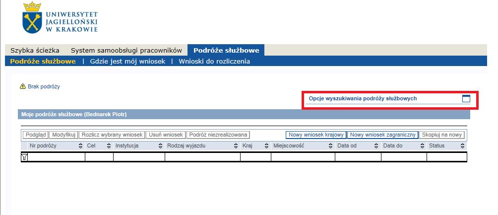 1. Aplikacja podróże służbowe jest dostępna na Portalu Informacyjnym(PI) pracowników UJ, w zakładce Podróże