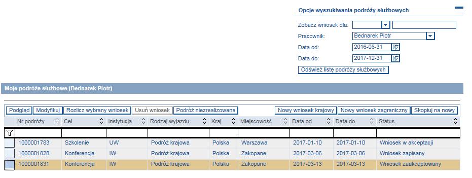 2. W celu rozliczenia wniosku o podróż krajową, należy znaleźć i zaznaczyć wniosek