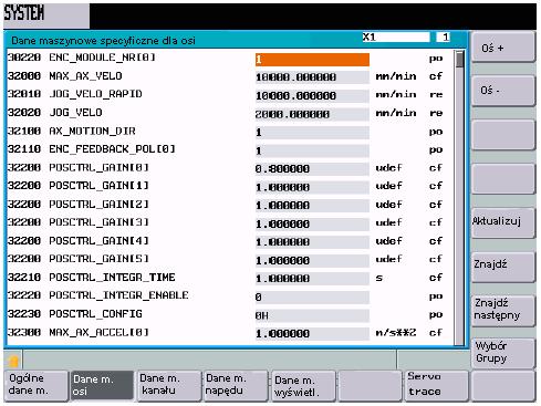 Praca automatyczna 5.5 Zakres czynności obsługowych "System" Rysunek 5-19 Dane maszynowe specyficzne dla osi Są wyświetlane dane osi 1.