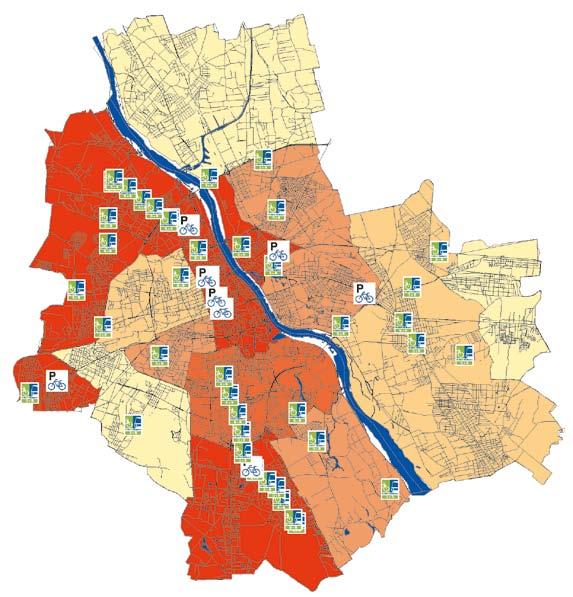 S Y S T E M B + R W Warszawie funkcjonuje system B+R z 51 parkingami które oferują ponad 1 tys. miejsc dla rowerów. Od początku 2010r. liczba parkingów typu B+R wzrosła pięciokrotnie.