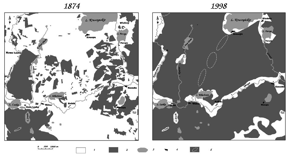 jeziora, 4 osady, 5 powierzchnie ze szkodami od wiatru z 26 grudnia 1999). Fig. 3.