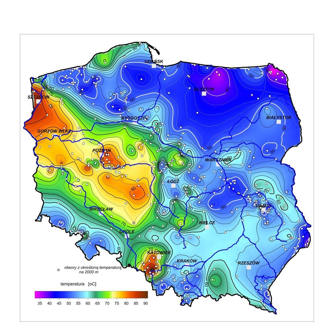 Mapa temperatury Mapa temperatury na głębokości 2000 metrów (pod powierzchnią terenu) p.p.t. Jan Szewczyk Państwowy Instytut Geologiczny, Zakład Hydrogeologii i Geologii Inżynierskiej 14.