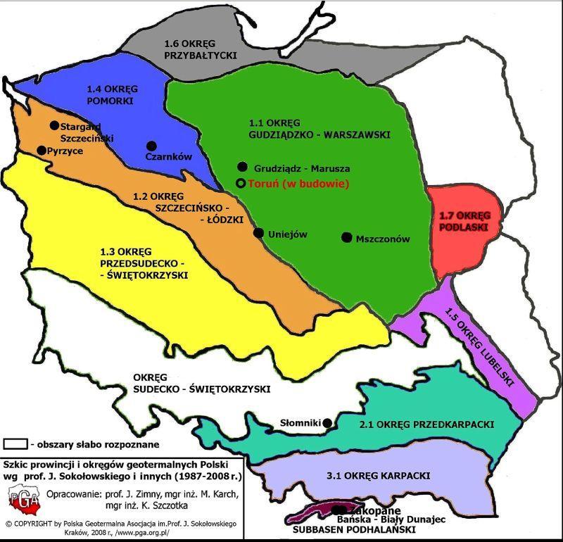 Okręgi geotermalne Polski Polska posiada bardzo dobre warunki geotermalne, dlatego że 80 % powierzchni naszego kraju jest pokryte przez trzy prowincje geotermalne: Przedkarpacką, Karpacką