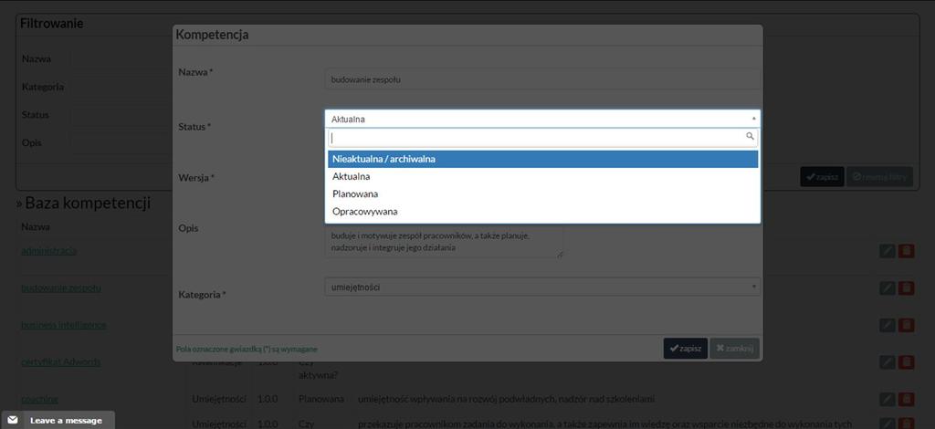 Gdy nadasz kompetencji status Nieaktualna/archiwalna, nie będzie ona aktywna.