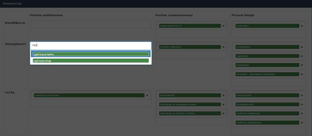 W dole karty osoby znajduje się pole, w którym uzupełniamy kompetencje.