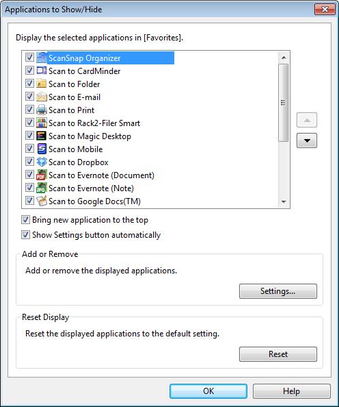 Fujitsu ScanSnap ix500 Instrukcja obsługi (Windows) Aplikacje są wyświetlane w kolejności zilustrowanej poniżej:. ikony 3. Kliknij przycisk [Close], aby zamknąć okno [Applications to Show / Hide].