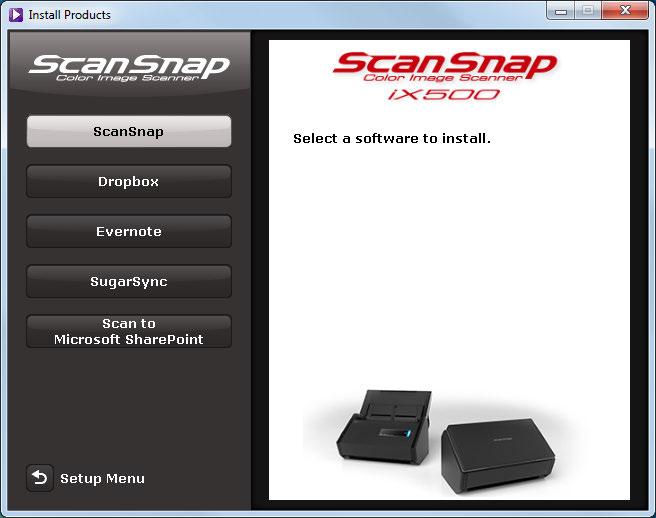 Fujitsu ScanSnap ix500 Instrukcja obsługi (Windows) 4. Kliknij przycisk [ScanSnap].. Pojawi się okno [ScanSnap] z ekranem [Welcome to the InstallShield Wizard for ScanSnap]. 5.