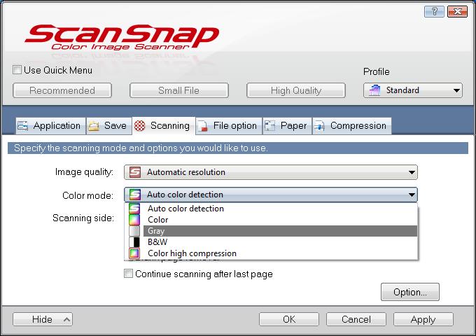 Fujitsu ScanSnap ix500 Instrukcja obsługi (Windows) Skanowanie kolorowych dokumentów w skali szarości lub w czerni i bieli Jeśli w zakładce [Scanning] w oknie ScanSnap Setup dla ustawienia [Color