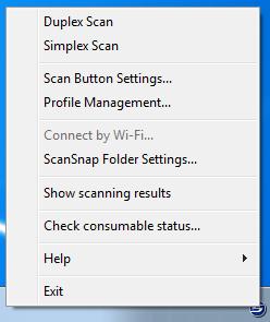 Fujitsu ScanSnap ix500 Instrukcja obsługi (Windows) Menu wyświetlane po kliknięciu prawym klawiszem myszy (Windows) To menu pojawi się po kliknięciu prawym klawiszem myszy na ikonę ScanSnap Manager.