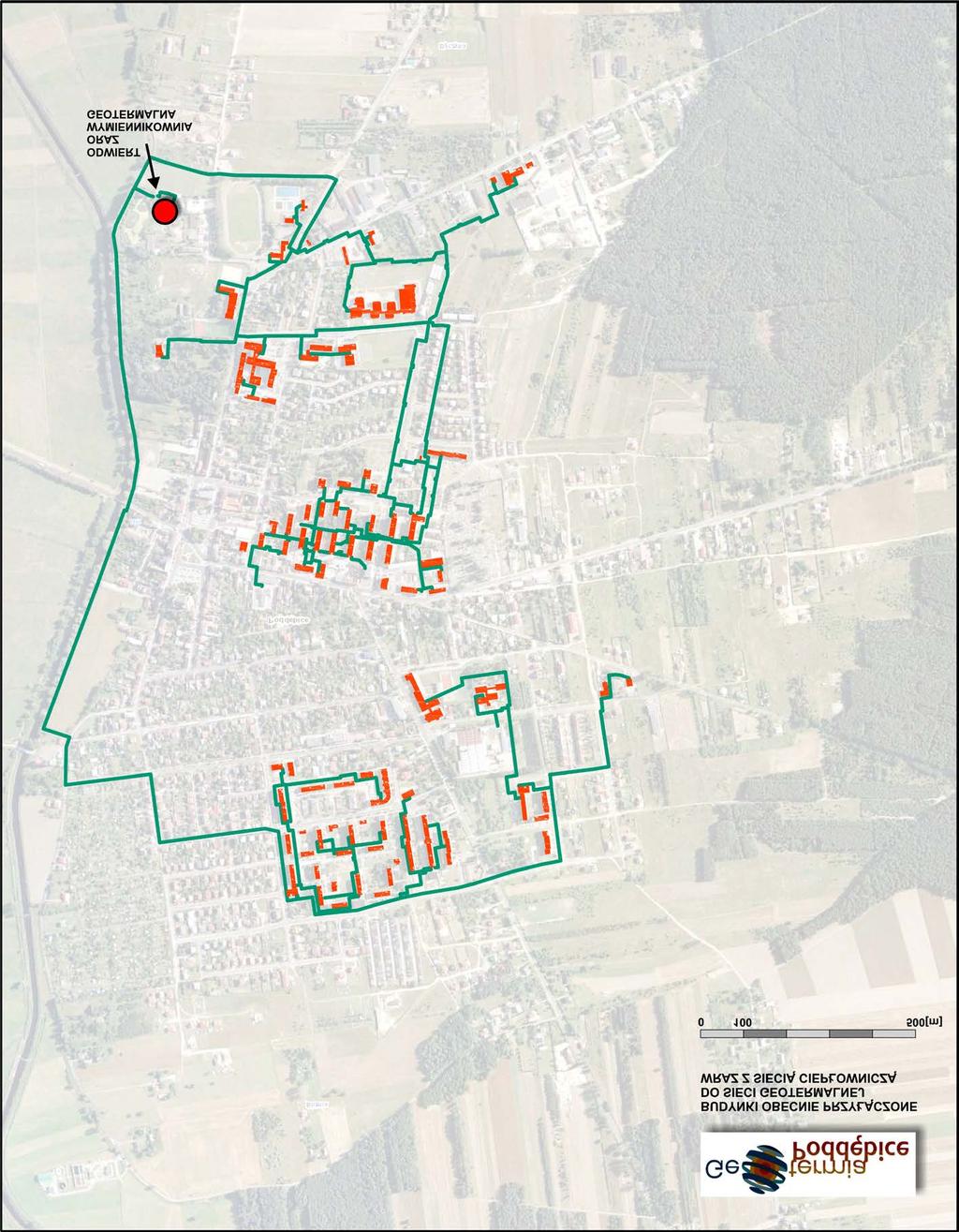 Fig. 5. Map showing the buildings connected to the geothermal district heating network in the Town of Poddębice, 2016. The geothermal district heating serves ca.