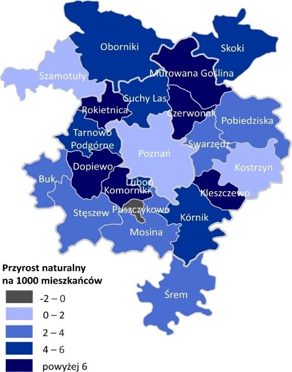 Urodzenia, zgony i przyrost naturalny w Metropolii Poznań (2013) Jednostka terytorialna Urodzenia Zgony Przyrost naturalny ogółem w ogółem w ogółem w Poznań 5671 10,3 5772 10,5-101 -0,2 Buk 131 10,6