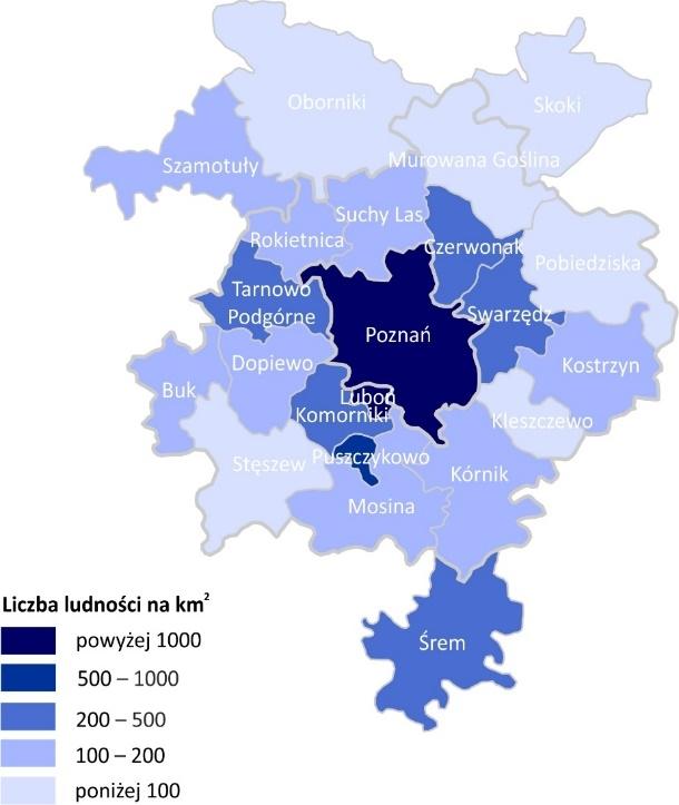 Koncepcja Kierunków Rozwoju Przestrzennego Metropolii Poznań Poznań 2092 os/km2 Metropolia ogółem - 376 km2