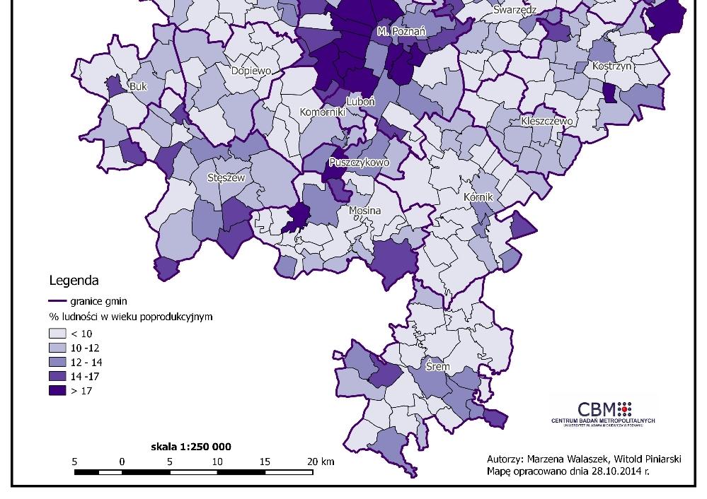 6%, Komorniki 7%, Plewiska 7%, Ludność w wieku poprodukcyjnym ogółem % Poznań 116940 21,3 Pozostałe