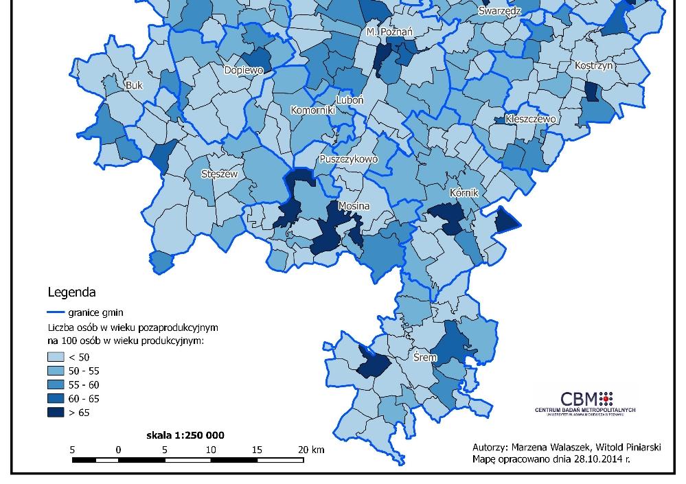 Koncepcja Kierunków Rozwoju Przestrzennego Metropolii Poznań ludność w wieku nieprodukcyjnym na 100 osób w wieku produkcyjnym Rataje 80 Winiary 65 Komandoria 62 Chartowo - 62 Jednostka