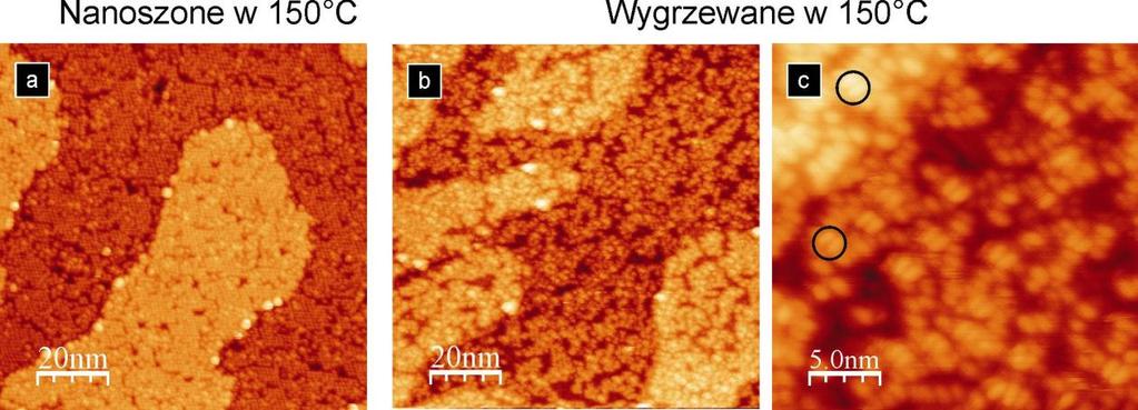 w przypadku nanoszenia odpowiednio dużej ilości molekuł (powyżej 0.85 monowarstwy) w temperaturze pokojowej, jak i podczas nanoszenia dowolnej ilości molekuł w podwyższonej temperaturze.