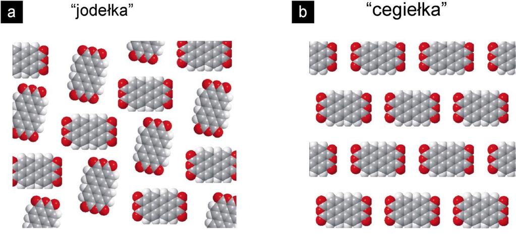 oddziaływań wodorowych [167]. Na rysunku 3.3.2.3 przedstawione są schematycznie dwie najczęściej obserwowane struktury uporządkowane zbudowane z molekuł PTCDA.