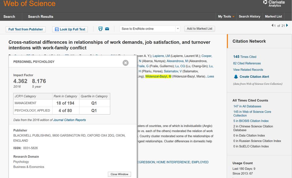 Informacje o czasopiśmie: zakładka View Journal Information: Personel Psychology [Impact Factor 2016 = 4,362]