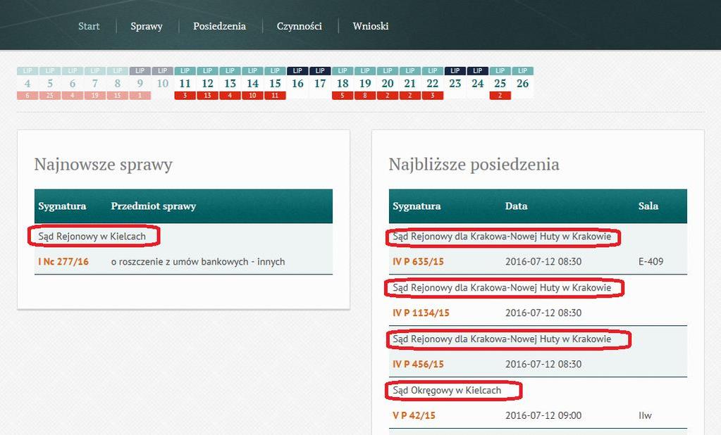 Program wyświetla podstawowe dane o sprawach użytkownika: Aktualne sprawy, Najbliższe posiedzenia, Ostatnie czynności z ostatnich 7 dni, Graficzny terminarz.