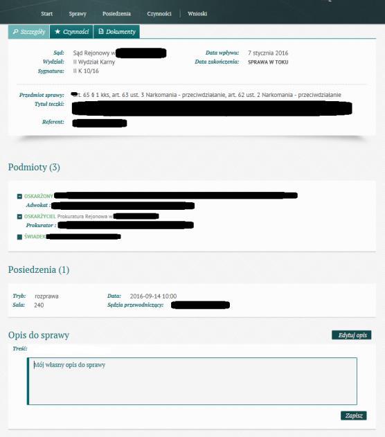 Program wyświetla szczegółowe dane sprawy: Sąd, Wydział, sygnaturę, skład orzekający, datę wpływu, datę zakończenia lub stan sprawy, przedmiot sprawy, tytuł teczki, strony w sprawie i ich