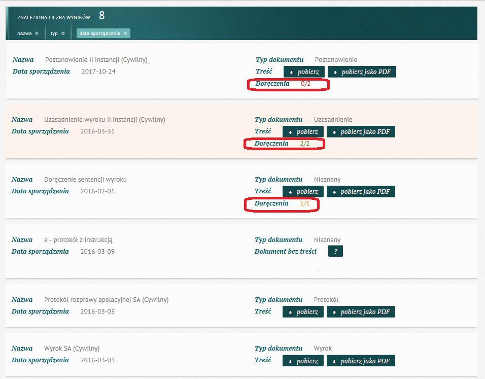 liczbowe pozwala na podgląd szczegółów doręczenia, na które składają się informacje takie jak: Nazwa - nazwa korespondencji, Adresat - nazwa adresata bez adresu, Typ ZPO (papierowe zwrotne