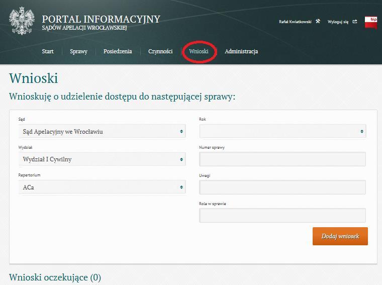 - Rola w sprawie Po prawidłowym wypełnieniu formularza i kliknięciu w przycisk Dodaj wniosek program wysyła wniosek do wskazanego sądu i wydziału celem jego rozpatrzenia.