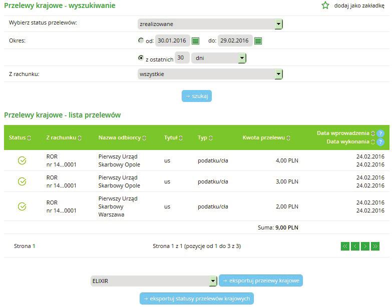 2.2. 2.2. Funkcje eksportu danych 2.2.1. Eksport przelewów krajowych Eksport przelewów krajowych dostępny jest w opcji Transakcje Przelewy import/eksport Eksport statusów przelewów krajowych.