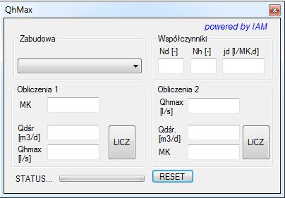 2 Obliczanie zużycia wody panel Obliczenia 1: W pierwszej fazie należy wybrać z listy wybieralnej rodzaj zabudowy, do której zostaną przypisane wartości współczynników Nd, Nh, jd (dla mieszkalnictwa