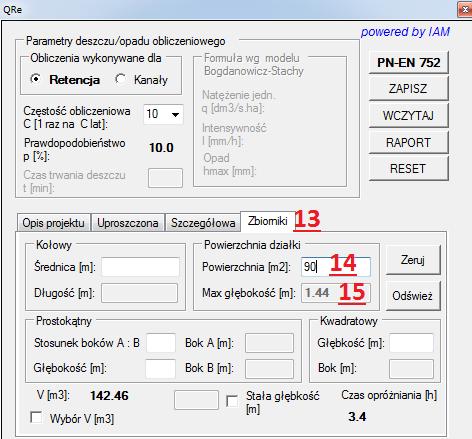 Po ponownym kliknięciu na przycisk OWO zostanie obliczona objętość wód opadowych zwiększono zgodnie ze wsp. bezpieczeństwa. W przykładzie obliczeniowym nowa wartość = 142.46 [m3](11).